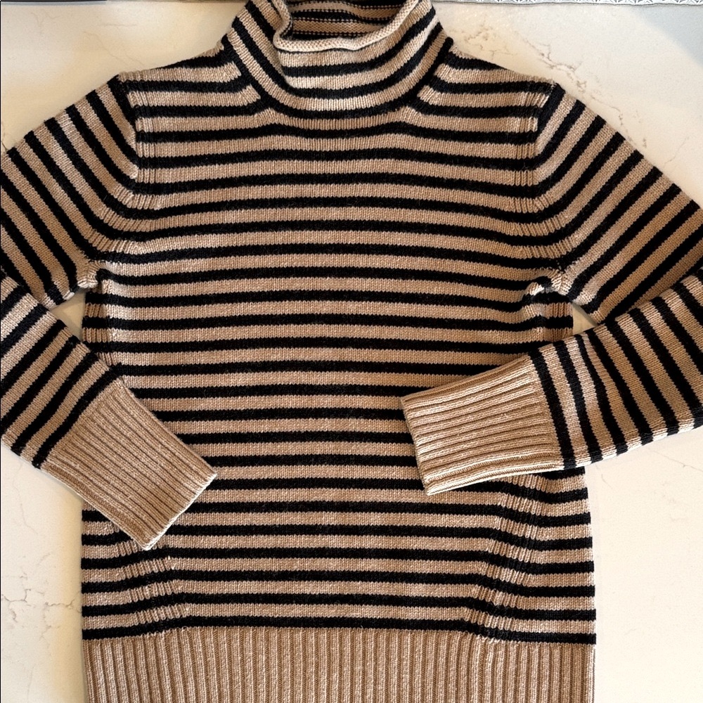 J. Crew Cashmere Wool Blend Black‎ and Tan Mock-neck Striped Sweater